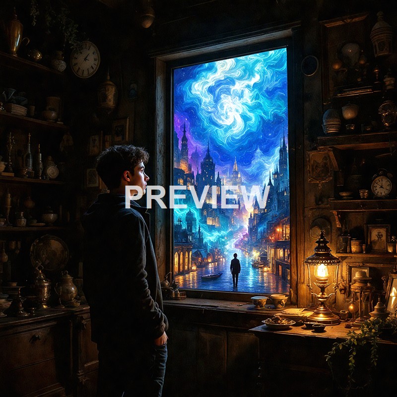A young man stands inside a dimly lit room filled with antique items, gazing out of a window that reveals a fantastical cityscape with swirling blue skies and tall, illuminated buildings.